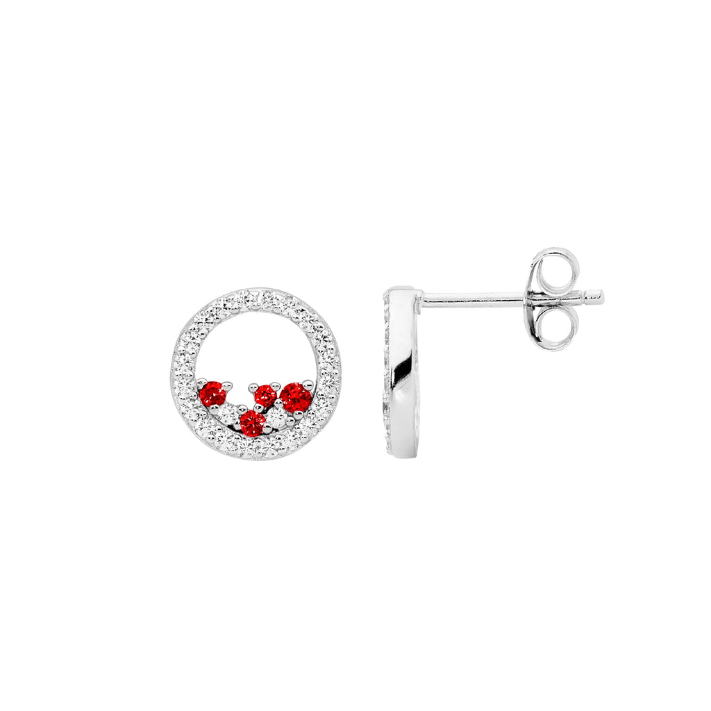 Sterling Silver White Cubic Zirconia 10mm Open Circle Earrings With Scattered Red & White Cubic Zirconia   