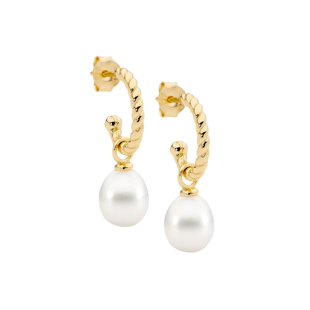 Sterling Silver 13mm Twist Hoop Earrings, Freshwater Pearl Drop  With Yellow Yellow Gold Plating   
