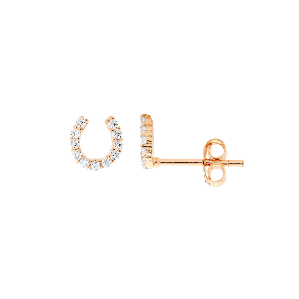 Sterling Silver White Cubic Zirconia 6mm Small Horse Shoe Earrings With Rose Yellow Gold Plating   
