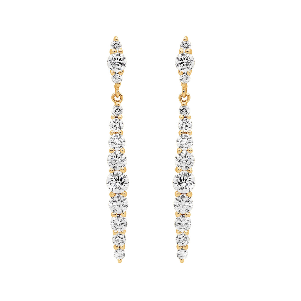 Sterling Silver Gradual White Cubic Zirconia To Cntr Drop Earrings  With Yellow Yellow Gold Plating   