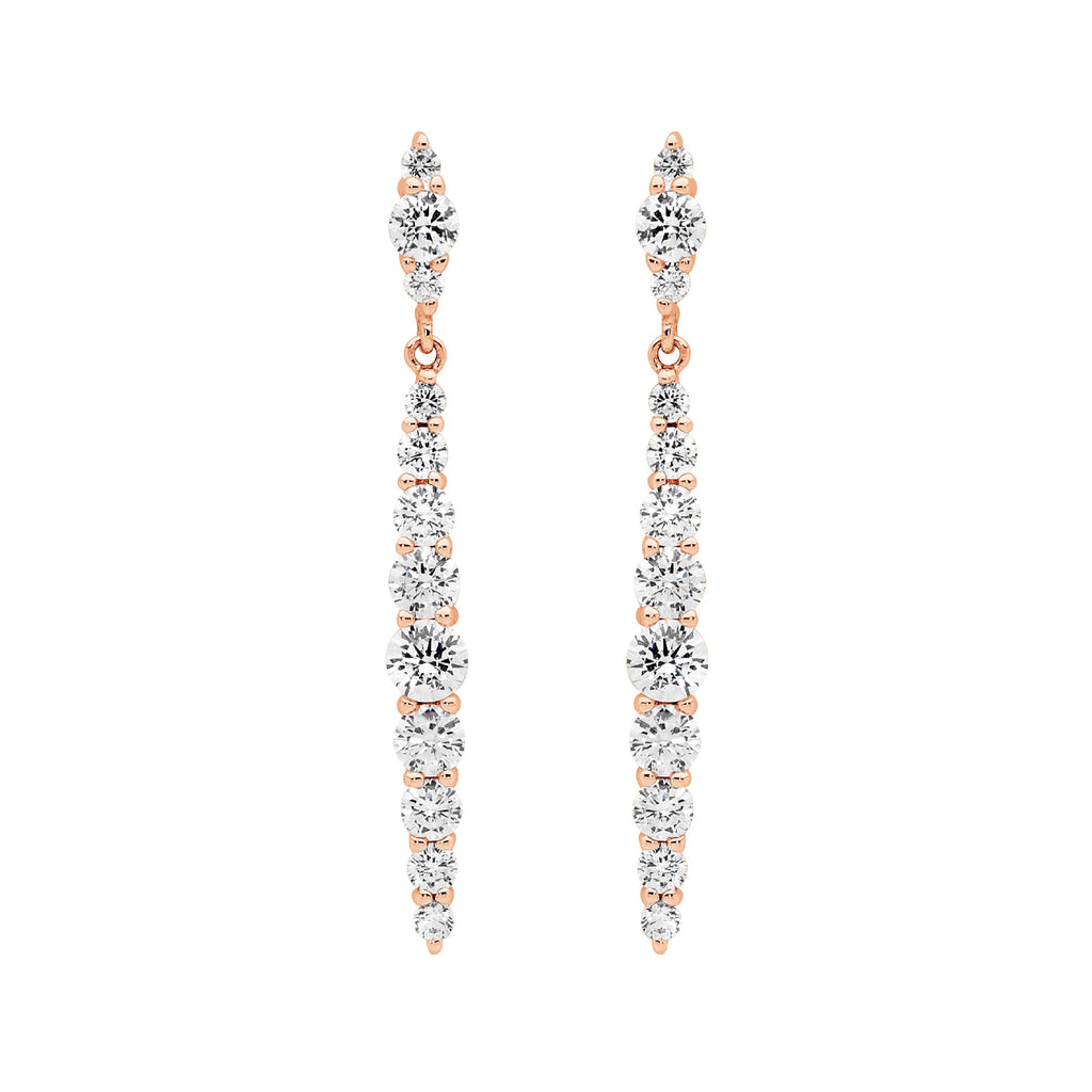 Sterling Silver Gradual White Cubic Zirconia To Cntr Drop Earrings With Rose Yellow Gold Plating   