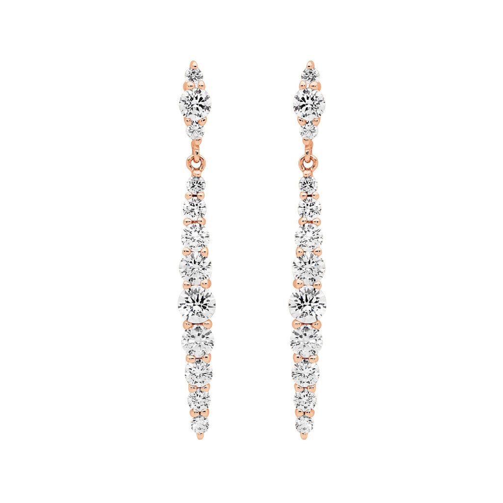 Sterling Silver Gradual White Cubic Zirconia To Cntr Drop Earrings With Rose Yellow Gold Plating   