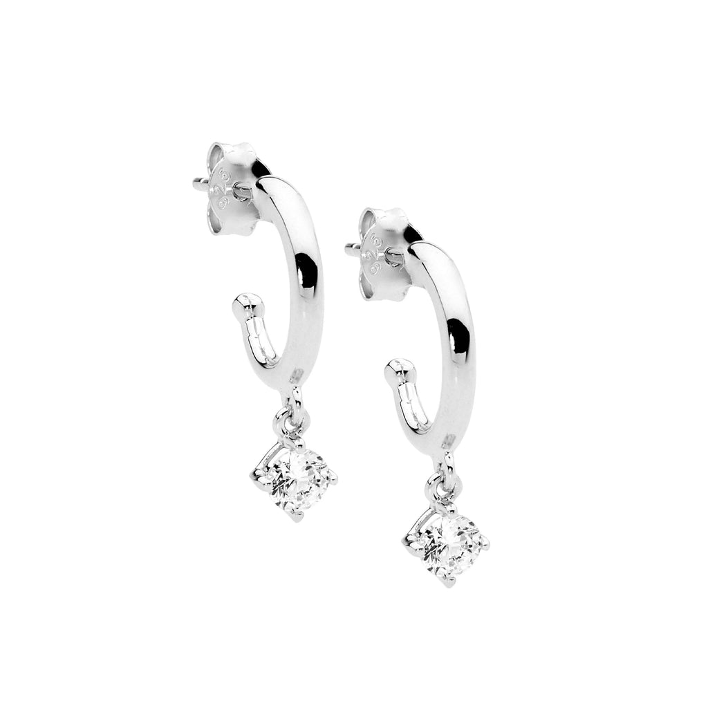 Sterling Silver 13mm Hoop Earrings, White Cubic Zirconia Prong Set Drop   