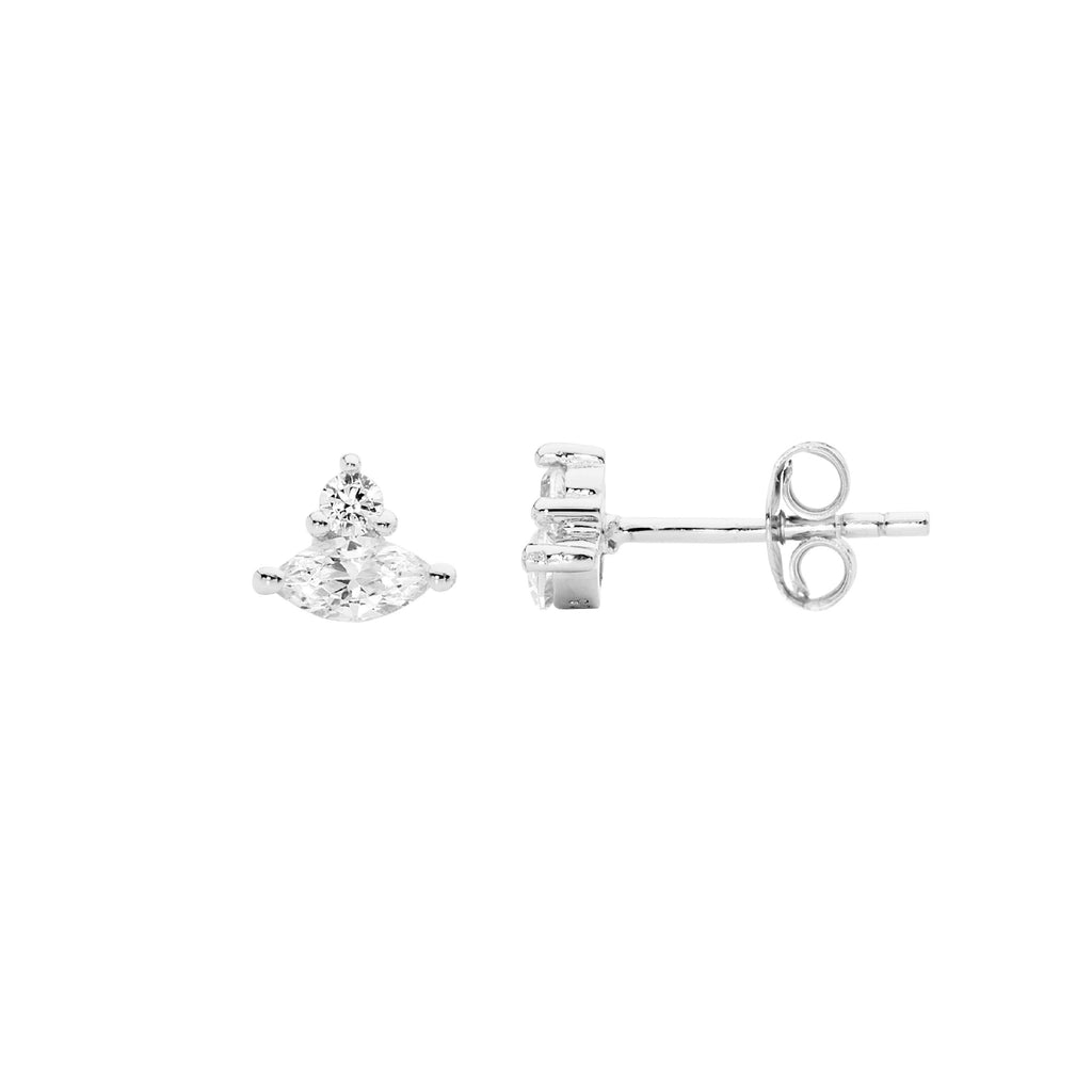 Sterling Silver White Cubic Zirconia Marquise & Rnd Stud Earrings   
