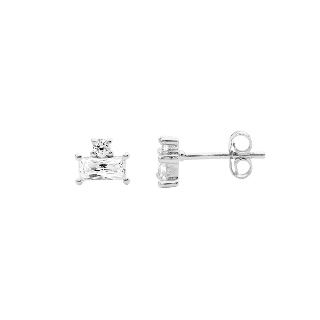 Sterling Silver White Cubic Zirconia Baguette & Rnd Stud Earrings   