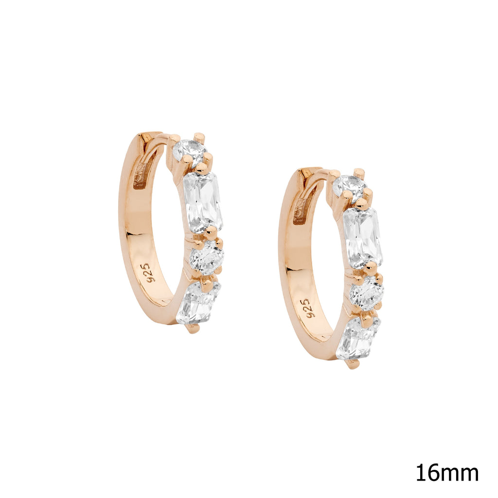 Sterling Silver White Cubic Zirconia Round & Baguette 16mm Hoop Earrings With Rose Yellow Gold Plating   