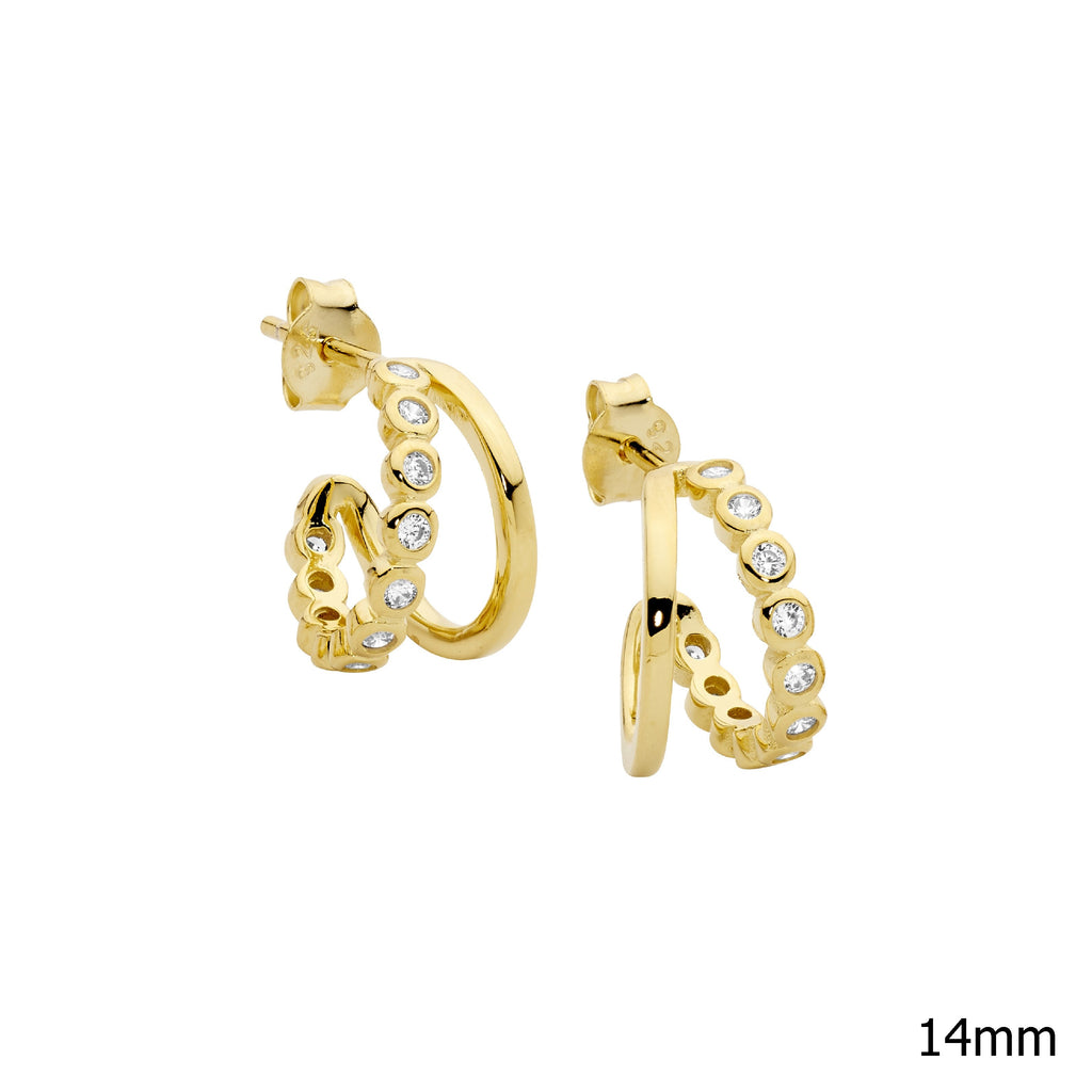 Sterling Silver 14mm Dble Hoop Earrings, 1 Hoop White Cubic Zirconia Bezel  With Yellow Yellow Gold Plating   
