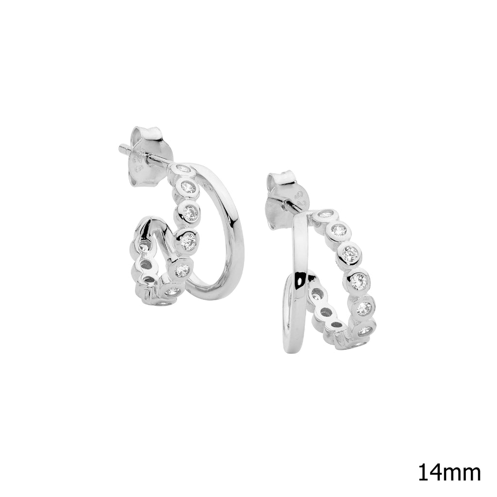 Sterling Silver 14mm Dble Hoop Earrings, 1 Hoop White Cubic Zirconia Bezel   