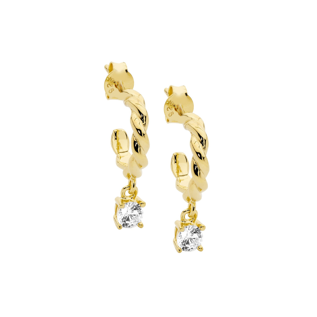 Sterling Silver 13mm Twist Hoop Earrings, White Cubic Zirconia Prong Set Drop  With Yellow Yellow Gold Plating   