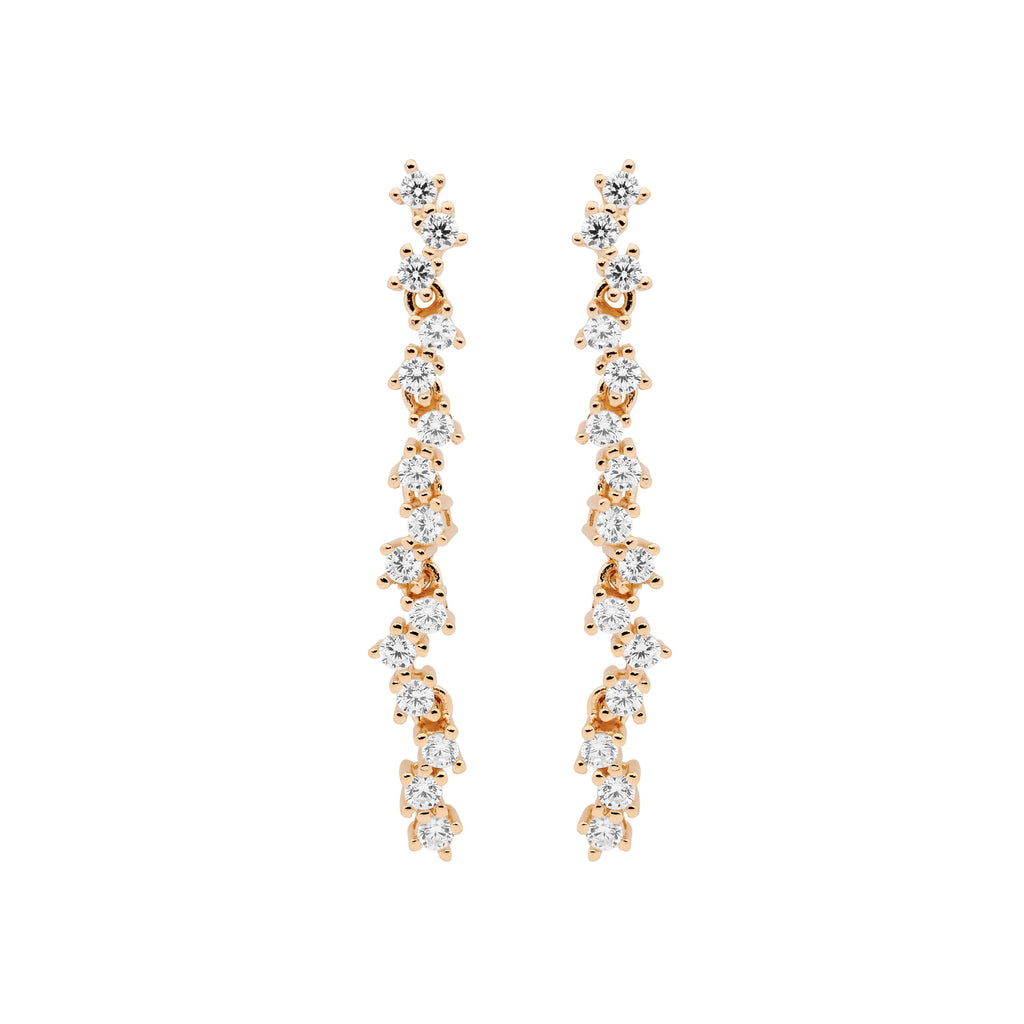 Sterling Silver White Cubic Zirconia Staggered 4cm Drop Earrings With Rose Yellow Gold Plating   