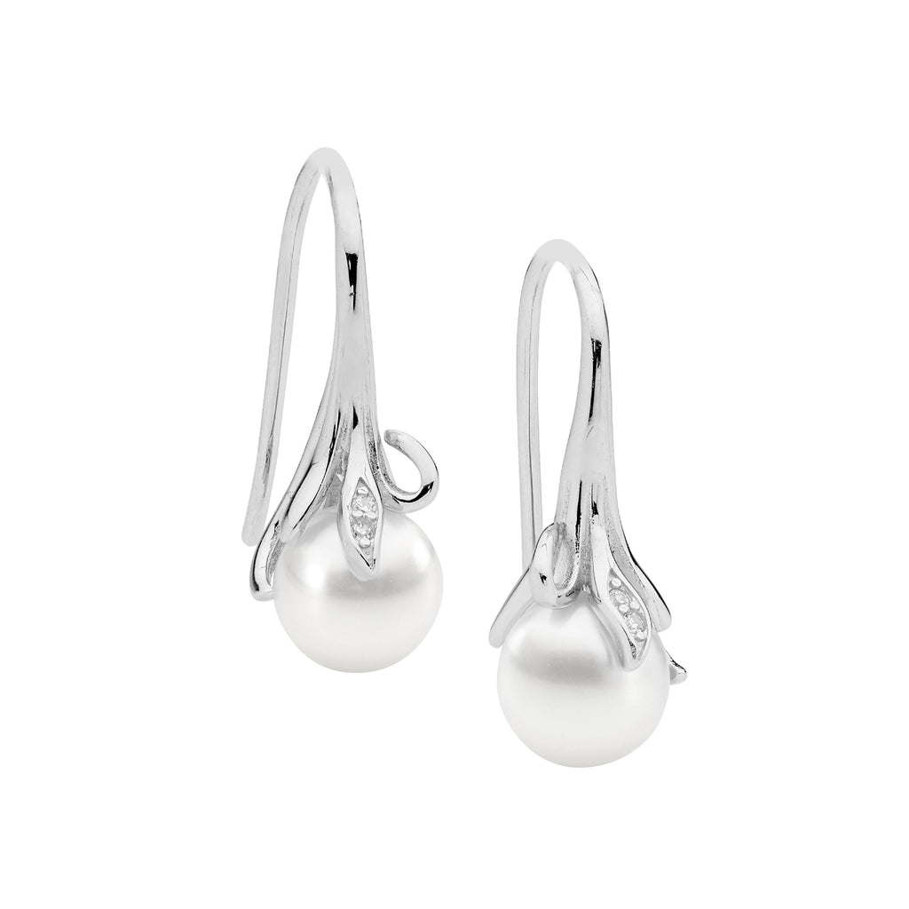 Sterling Silver White Cubic Zirconia With Freshwater Pearl Earrings On Shepherds Hook   