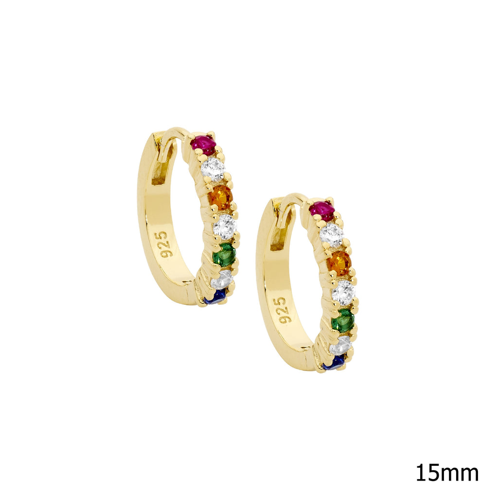 Sterling Silver White & Multi Colour Cubic Zirconia 14mm Hoop Earrings  With Yellow Yellow Gold Plating   