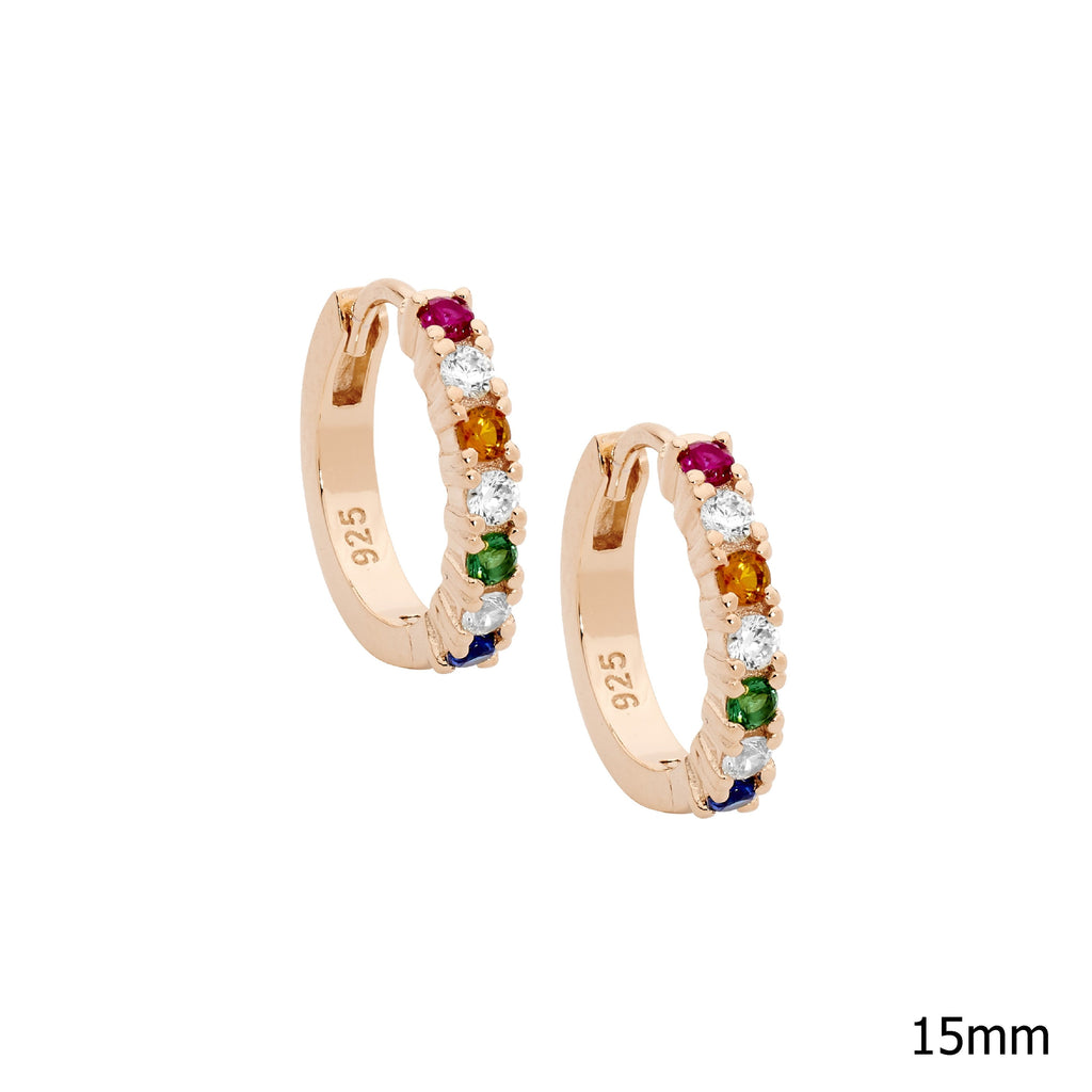 Sterling Silver White & Multi Colour Cubic Zirconia 14mm Hoop Earrings With Rose Yellow Gold Plating   