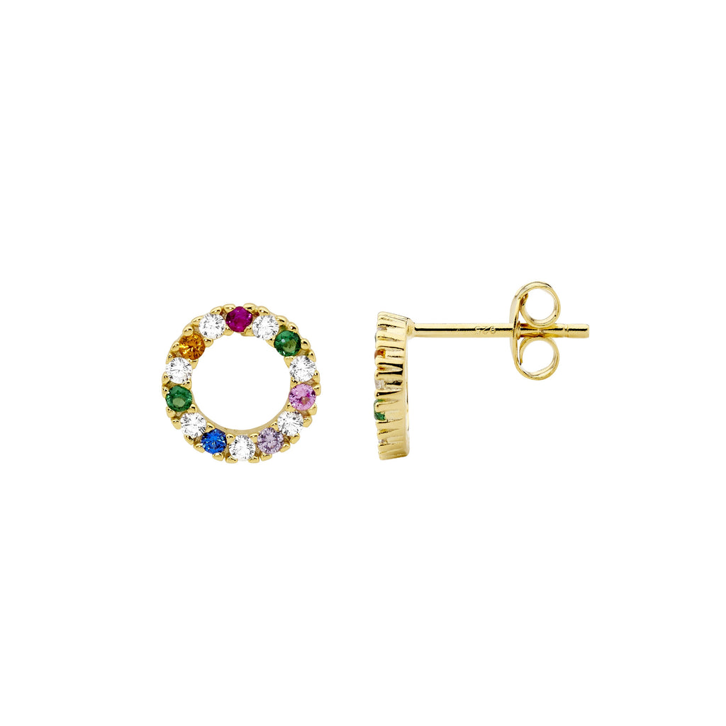 Sterling Silver White & Multi Colour Cubic Zirconia 9mm Open Circle Earrings  With Yellow Yellow Gold Plating   