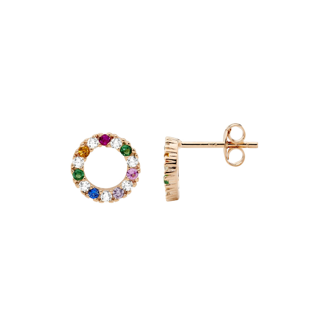 Sterling Silver White & Multi Colour Cubic Zirconia 9mm Open Circle Earrings With Rose Yellow Gold Plating   