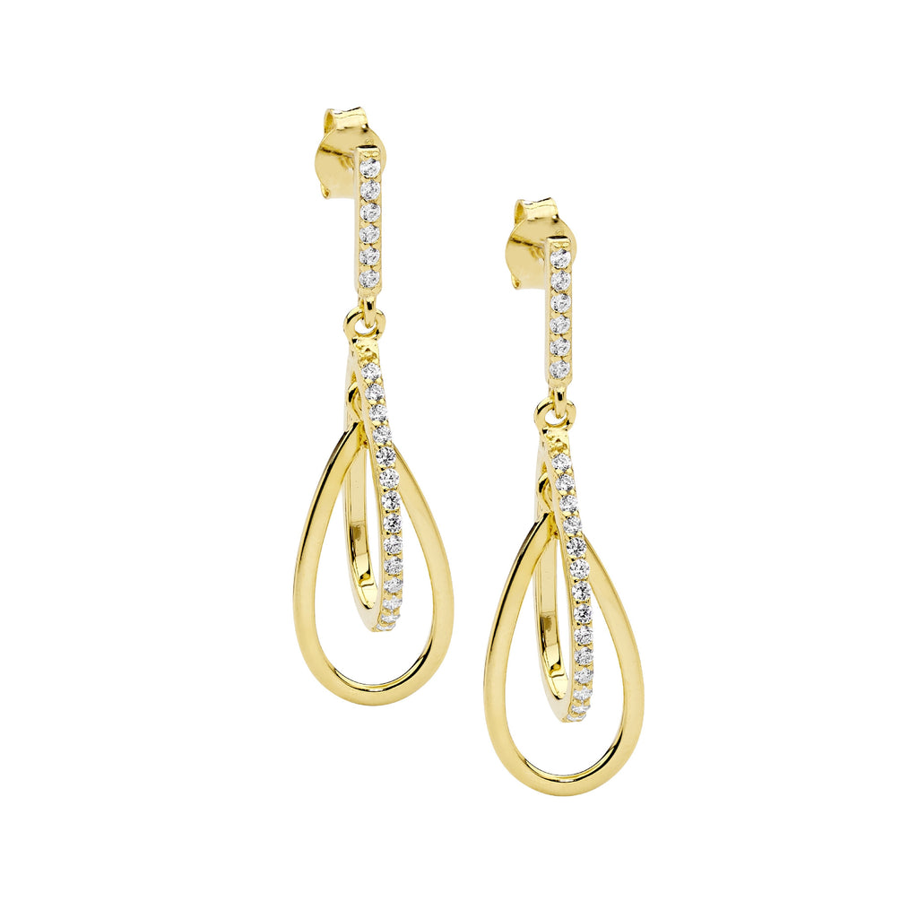 Sterling Silver White Cubic Zirconia Double Open Tear Drop Earrings  With Yellow Yellow Gold Plating   