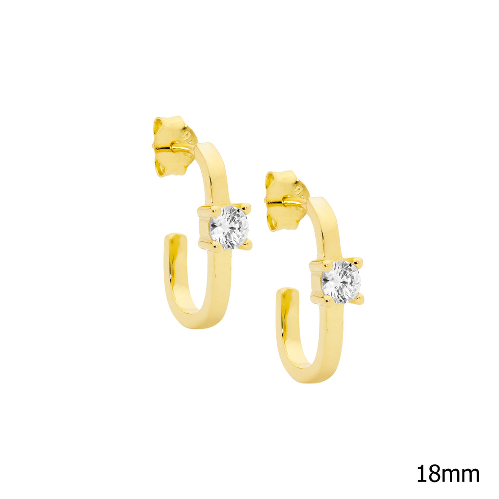 Sterling Silver 18mm Oval Earrings With 4mm White Cubic Zirconia, Yellow Gold Plating   