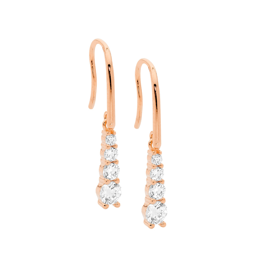 Sterling Silver 4 Round White Cubic Zirconia Gradual Drop Earrings On Shepherds Hook With Rose Yellow Gold Plating   