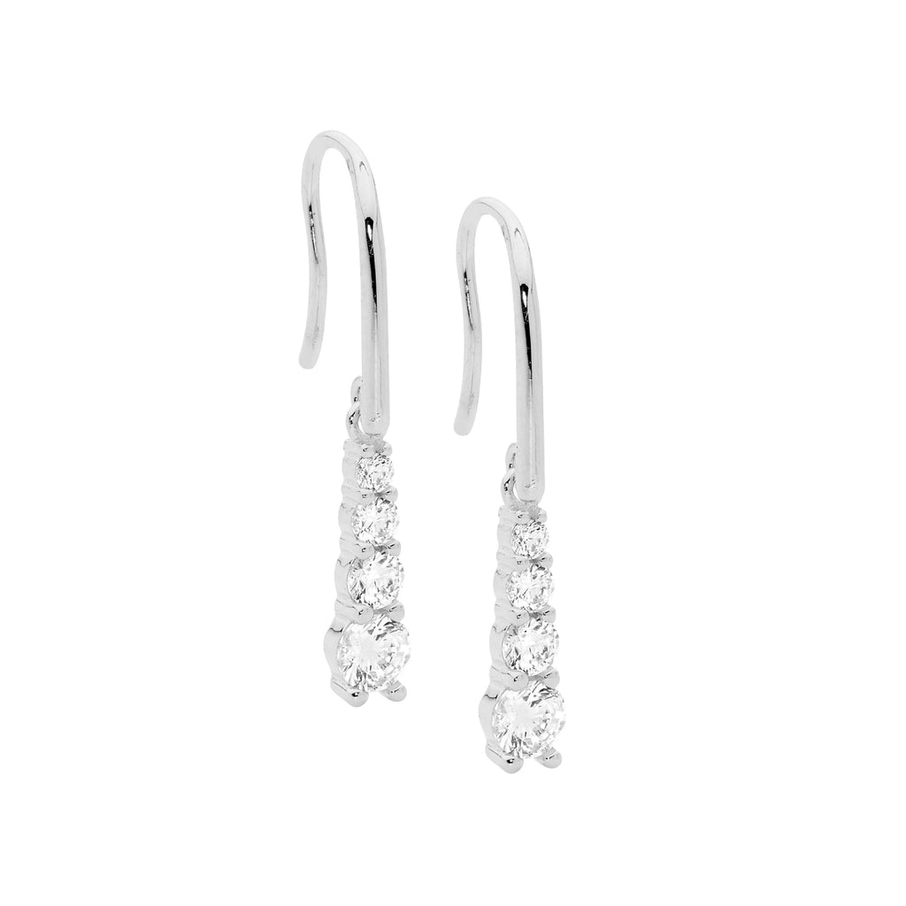 Sterling Silver 4 Round White Cubic Zirconia Gradual Drop Earrings On Shepherds Hook   