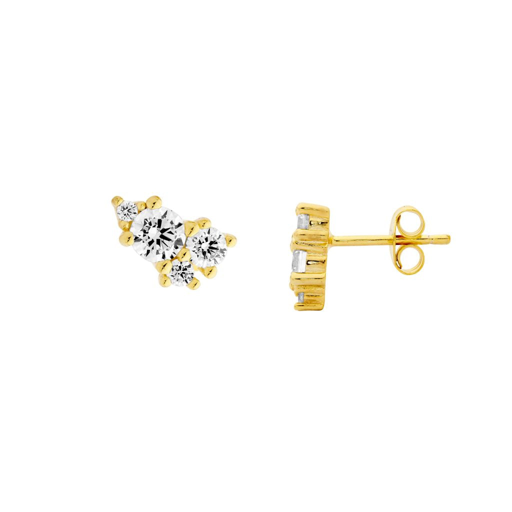 Sterling Silver White Cubic Zirconia Multi Size Round Cluster Stud Earrings With Yellow Gold Plating   