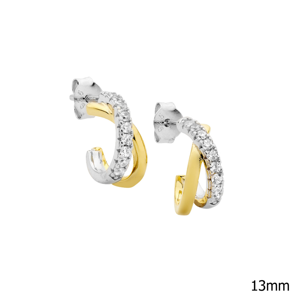 Sterling Silver 13mm Crosterling Silver Over Hoop Earrings, 1x White Cubic Zirconia 1x Yellow Gold Plating   