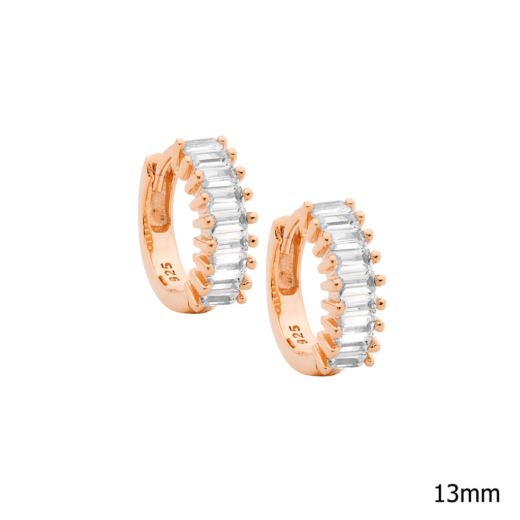 Sterling Silver White Cubic Zirconia Baguette Prong Set 13mm Hoop Earrings With Rose Yellow Gold Plating   