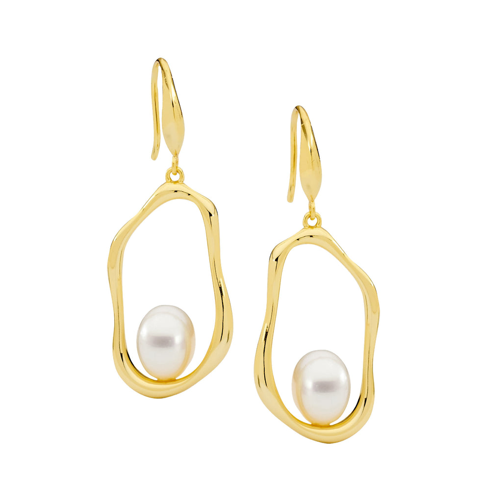 Sterling Silver Open Wave Oval Earrings With Freshwater Pearl On Shepherds Hook, Yellow Gold Plating  