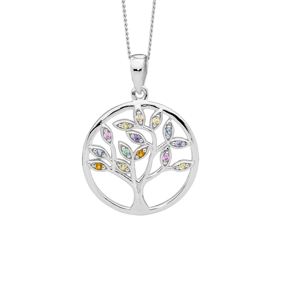 Sterling Silver Multi Colour Cubic Zirconia Tree Of Life Pendant   