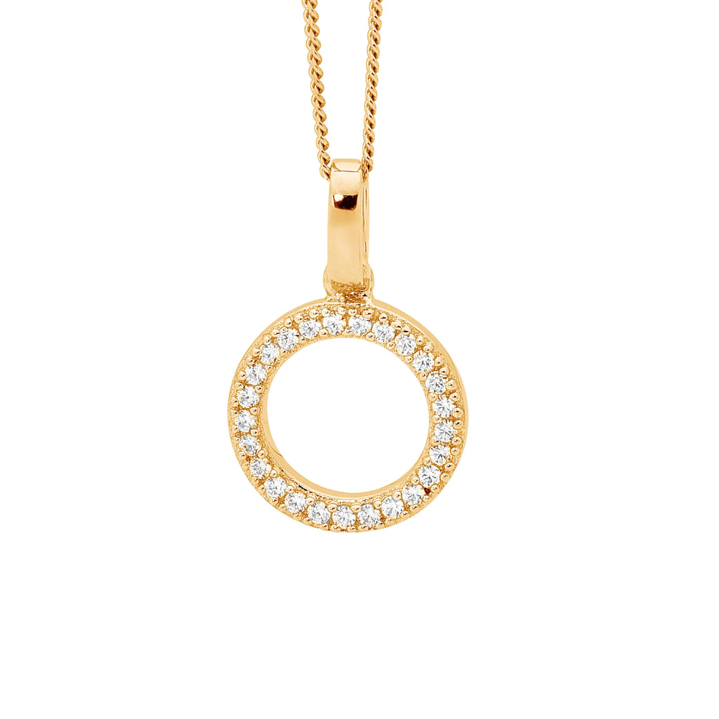 Sterling Silver White Cubic Zirconia Drop Circle Pendant With Yellow Gold Plating   