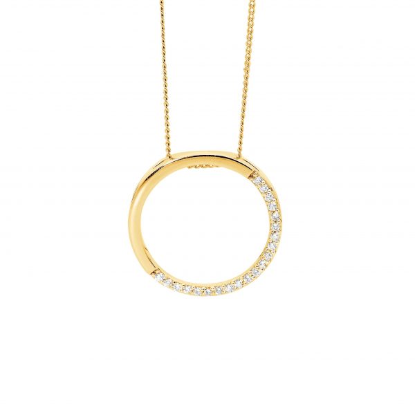 Sterling Silver With Yellow Gold Plating White Cubic Zirconia 28mm Open Circle Pendant