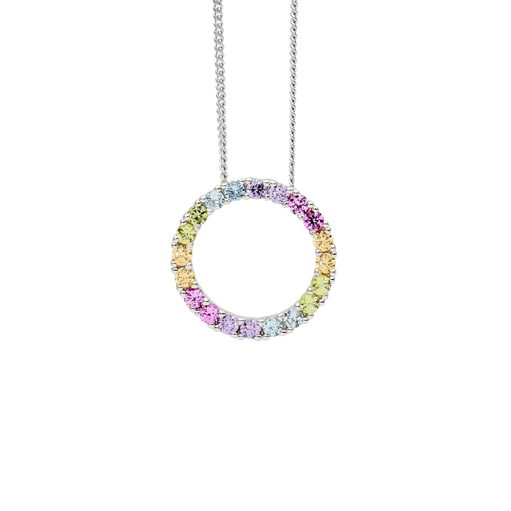 Sterling Silver Pastel Colour Cubic Zirconia 16mm Open Circle Pendant   