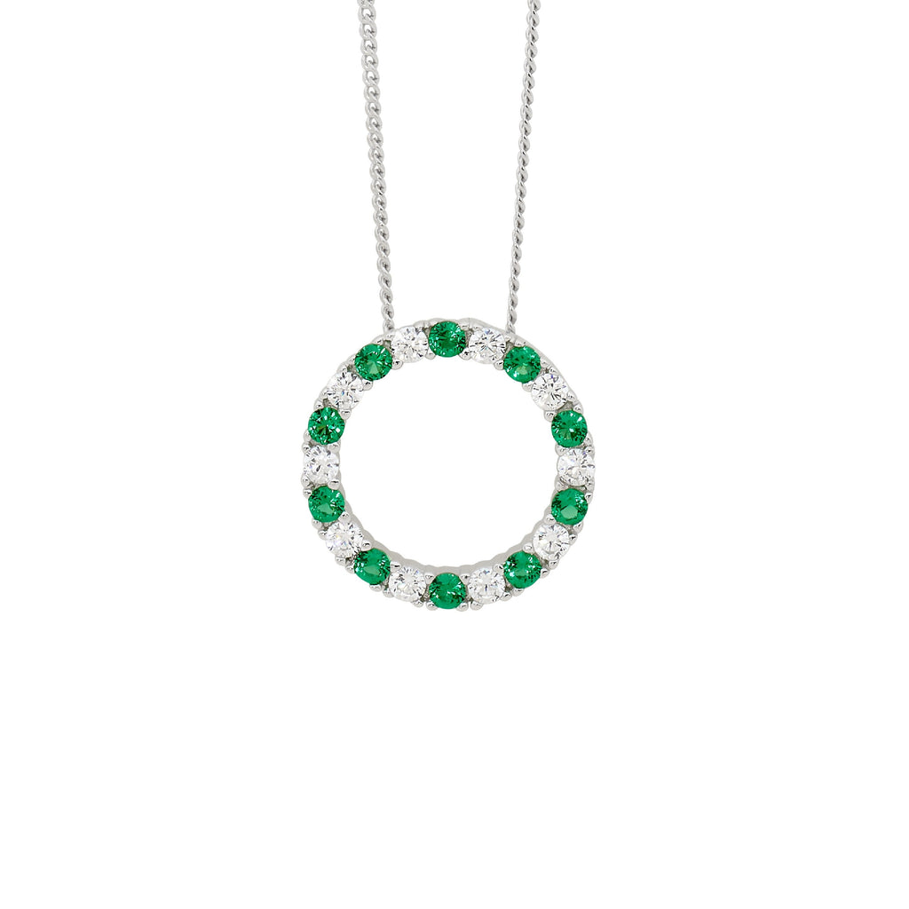Sterling Silver White & Green Cubic Zirconias Open Circle Pendant