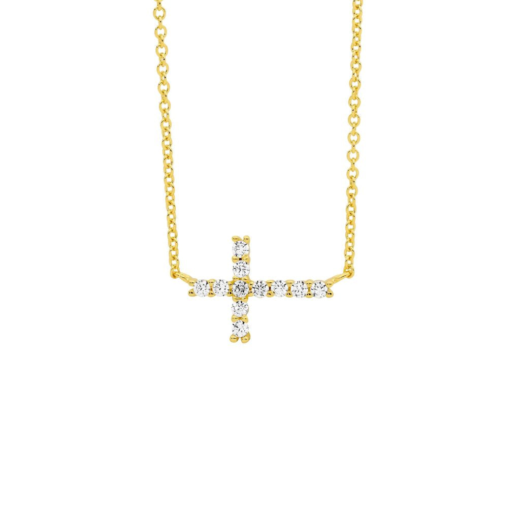 Sterling Silver White Cubic Zirconia Small Cross Pendant With Attached Chain & Gold Plating   
