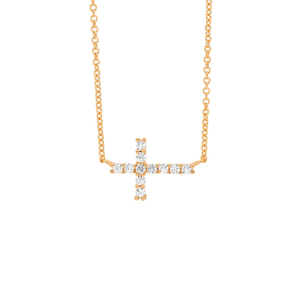 Sterling Silver White Cubic Zirconia Small Cross Pendant With Attached Chain & Rose Gold Plating   