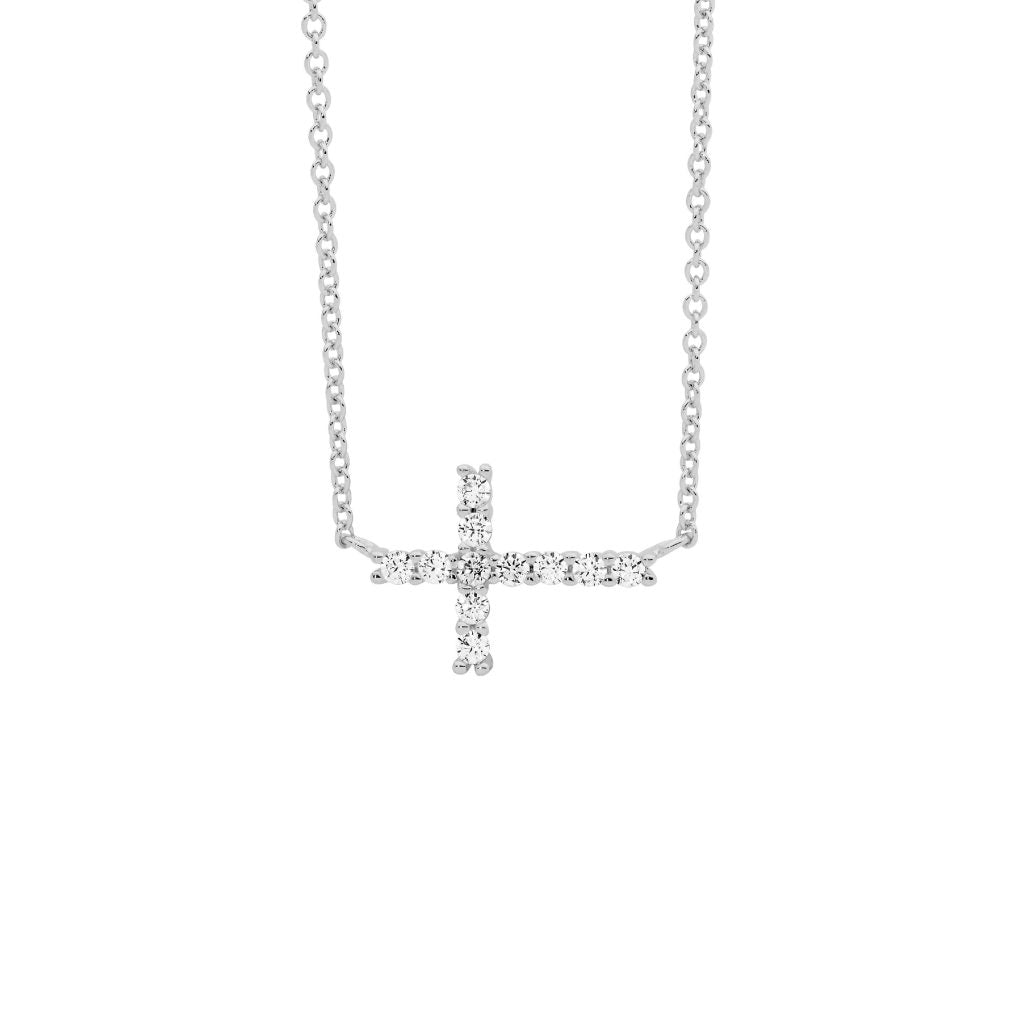 Sterling Silver White Cubic Zirconia Small Cross Pendant With Attached Chain    