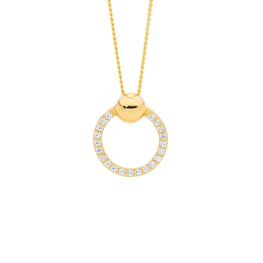 Sterling Silver White Cubic Zirconia 13mm Open Circle Pendant, Ball Feature With Gold Plating   