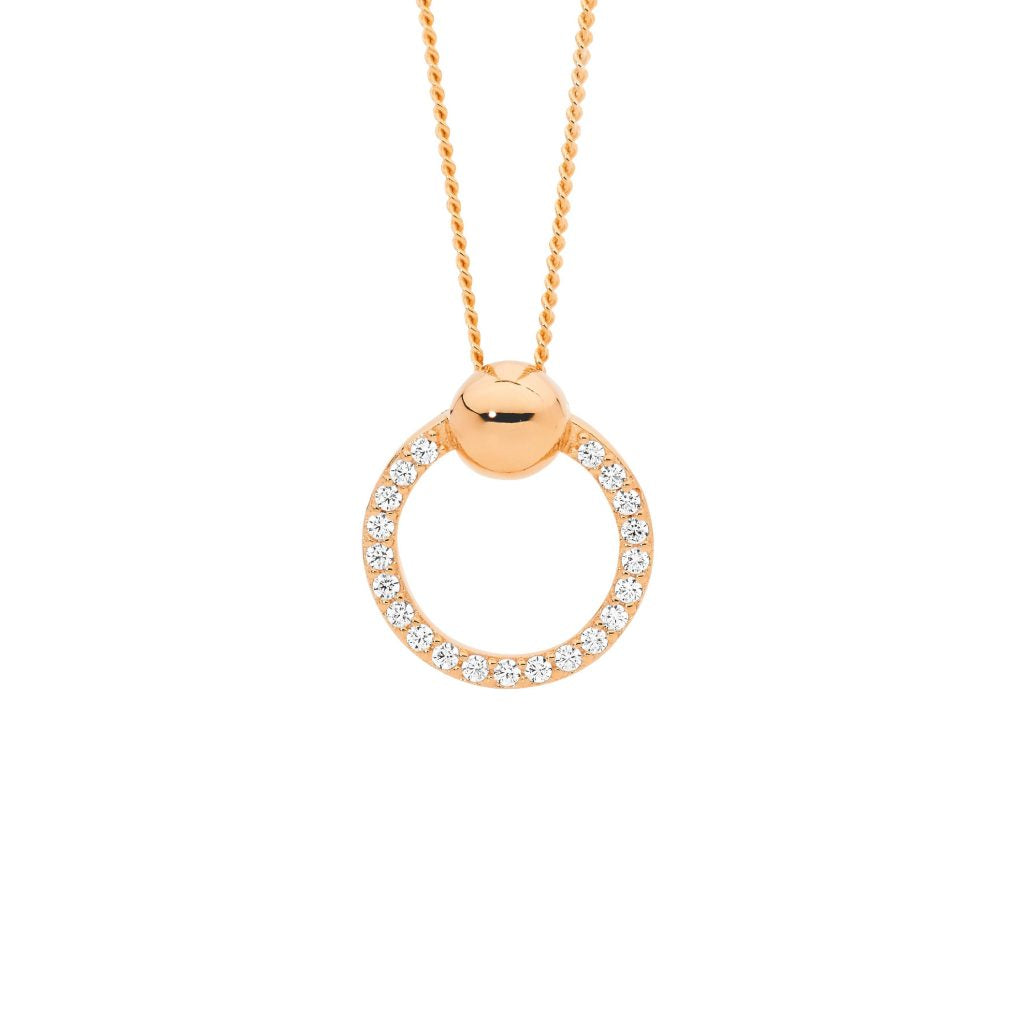 Sterling Silver With Rose Gold Plating White Cubic Zirconia 13mm Open Circle Pendant With Ball Feature 