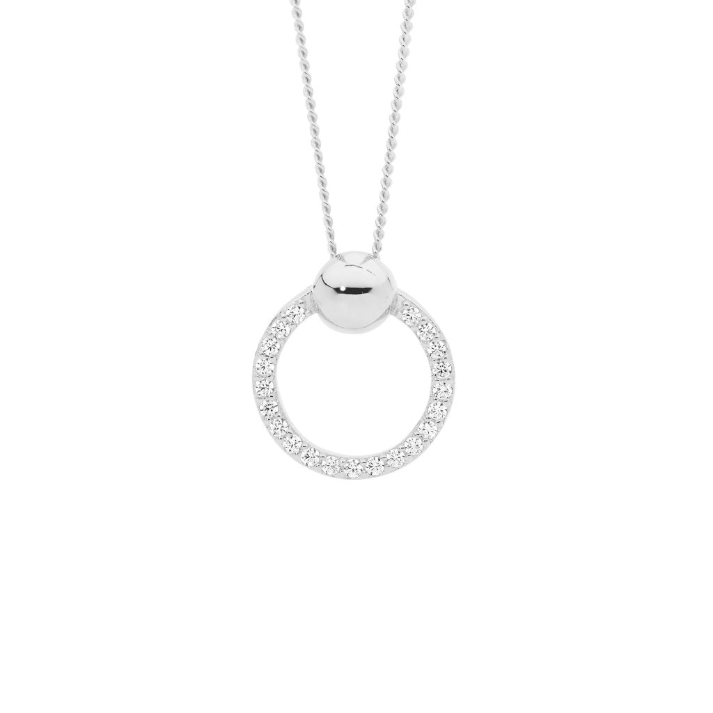 Sterling Silver White Cubic Zirconia 13mm Open Circle Pendant, Ball Feature   