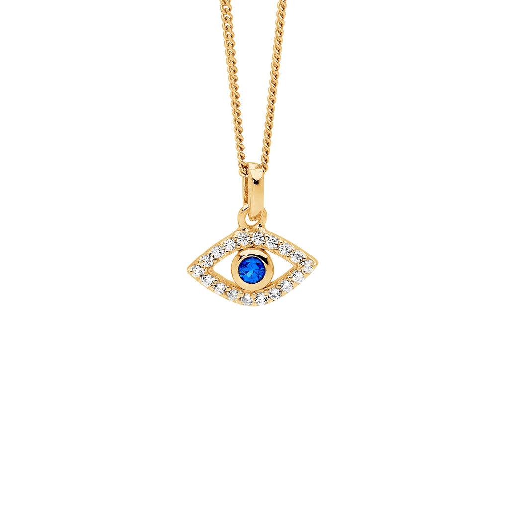 Sterling Silver White & Blue Cubic Zirconia Bezel Set Evil Eye Pendant  With Yellow Yellow Gold Plating   