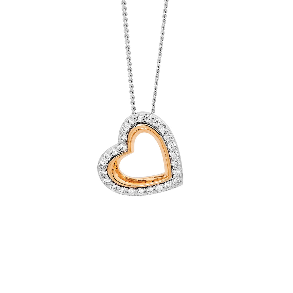 Sterling Silver White Cubic Zirconia Open Heart On Angle With Rose Yellow Gold Plating   