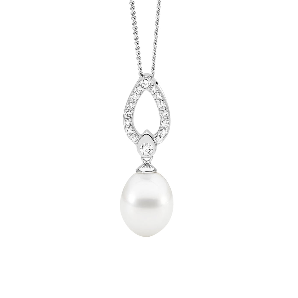 Sterling Silver White Cubic Zirconia Open Tear Drop Pendant With Freshwater Pearl   