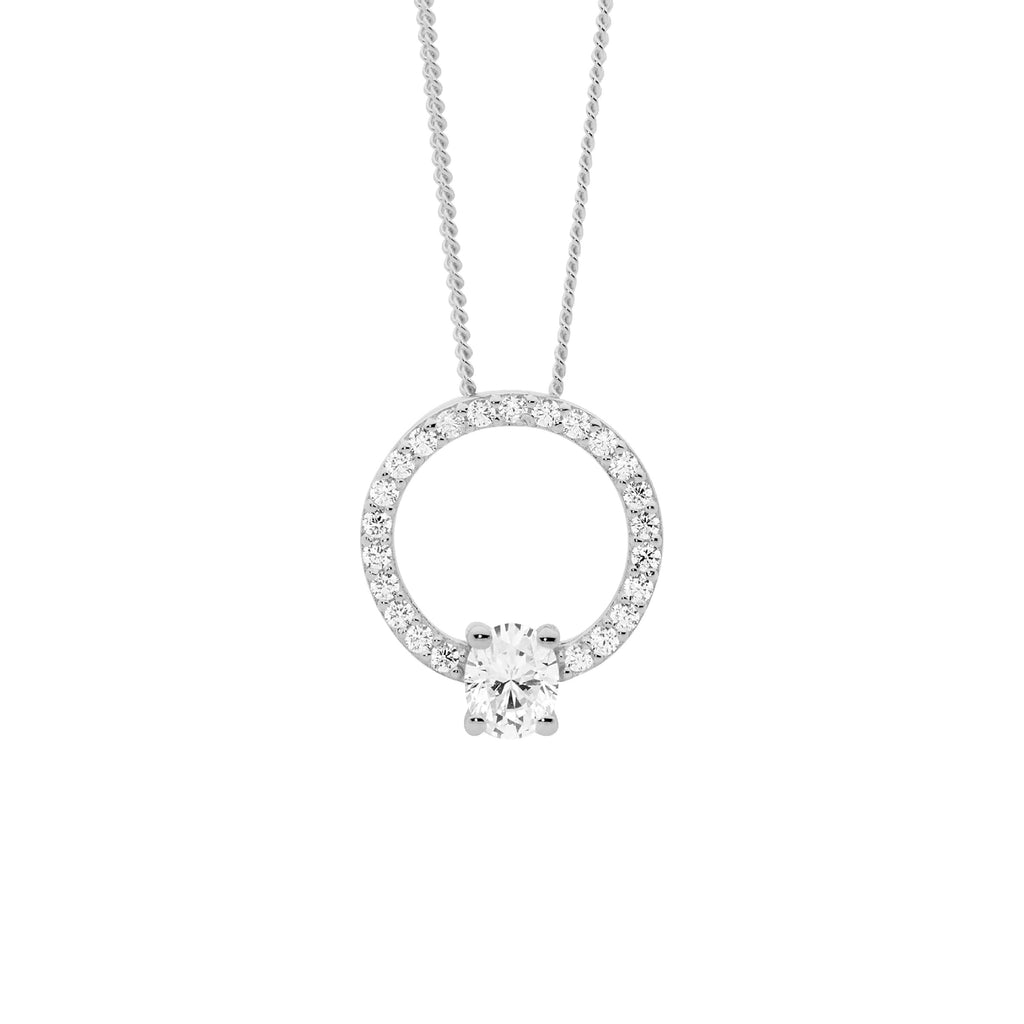 Sterling Silver White Cubic Zirconia 13mm Open Circle Pendant WithOval Cubic Zirconia   