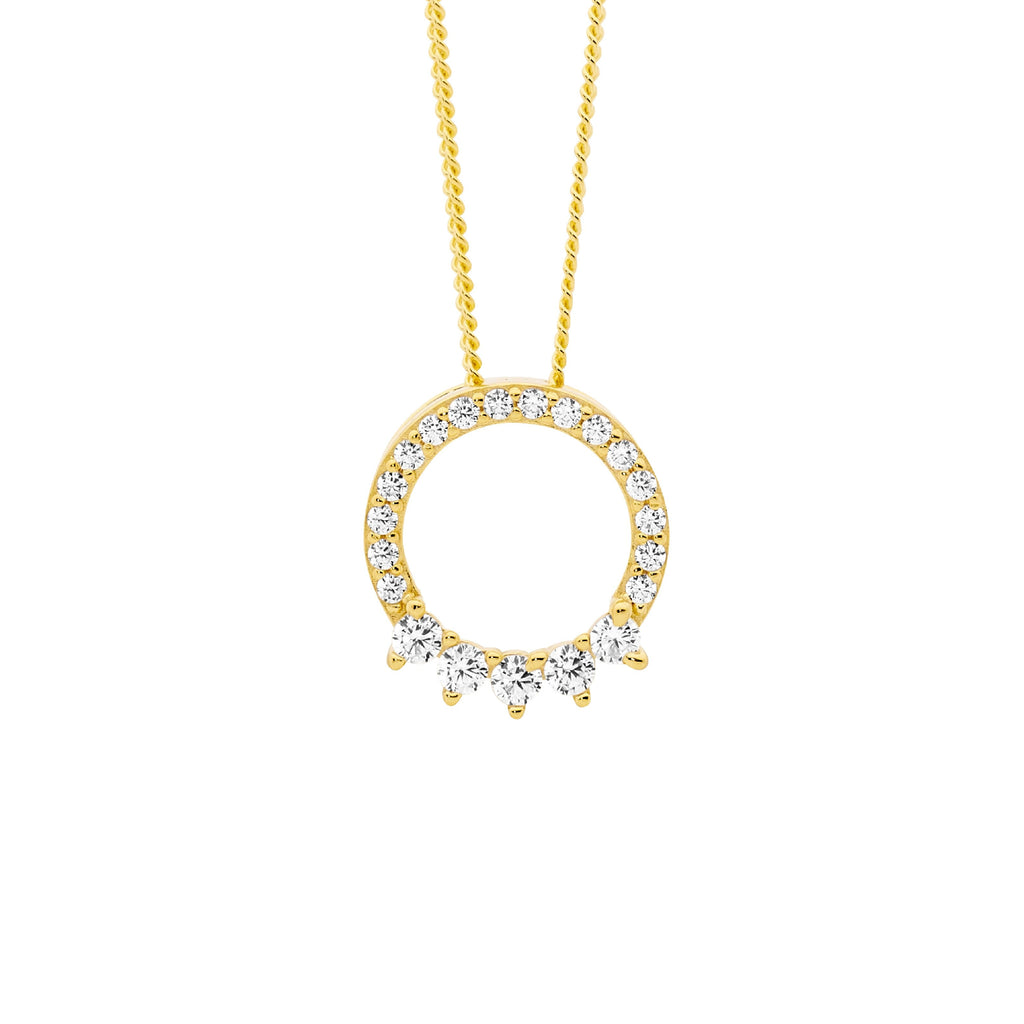 Sterling Silver White Cubic Zirconia 12mm Open Circle Pendant With 5x Cubic Zirconia Feature, Yellow Gold Plating   