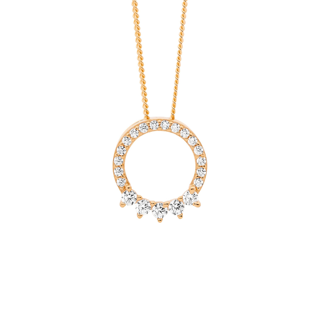 Sterling Silver White Cubic Zirconia 12mm Open Circle Pendant With 5x Cubic Zirconia Feature, Rose Yellow Gold Plating   