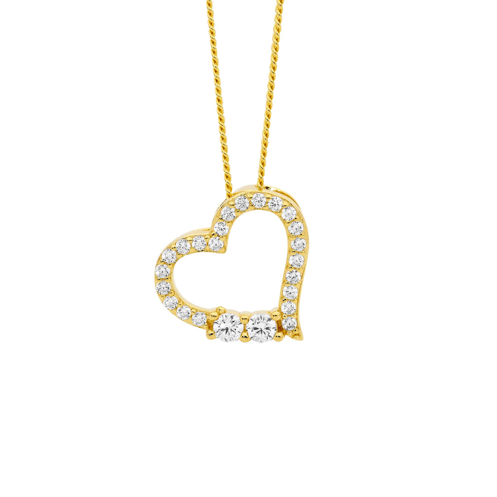 Sterling Silver White Cubic Zirconia Open Heart Pendant With 2x Cubic Zirconia Feature, Yellow Gold Plating   
