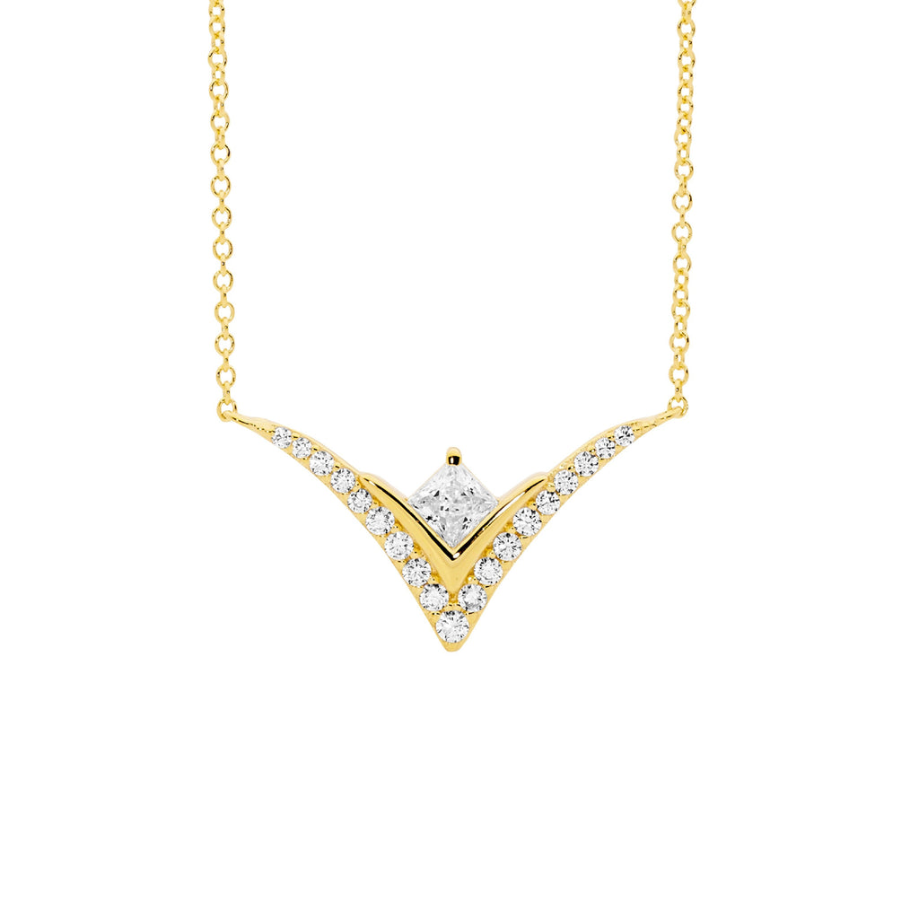 Sterling Silver White Cubic Zirconia Princesterling Silver Cut, V Pendant WithAtt. Chain, Yellow Gold Plating   