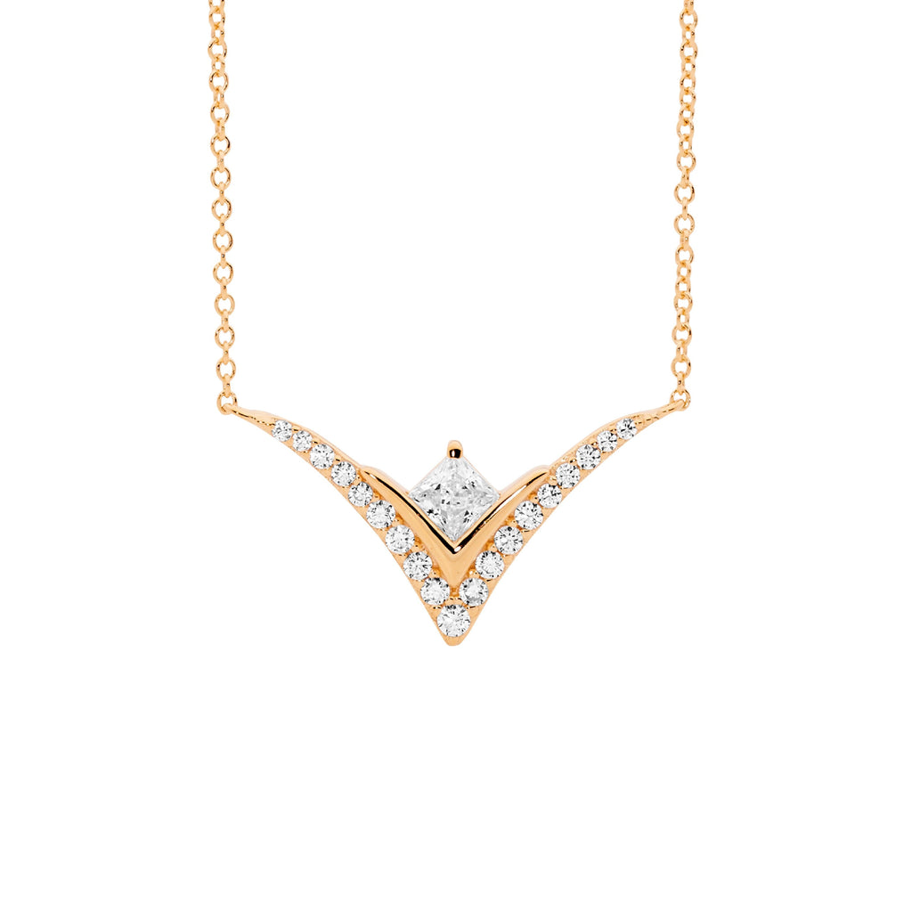 Sterling Silver White Cubic Zirconia Princesterling Silver Cut, V Pendant WithAtt. Chain, Rose Yellow Gold Plating   