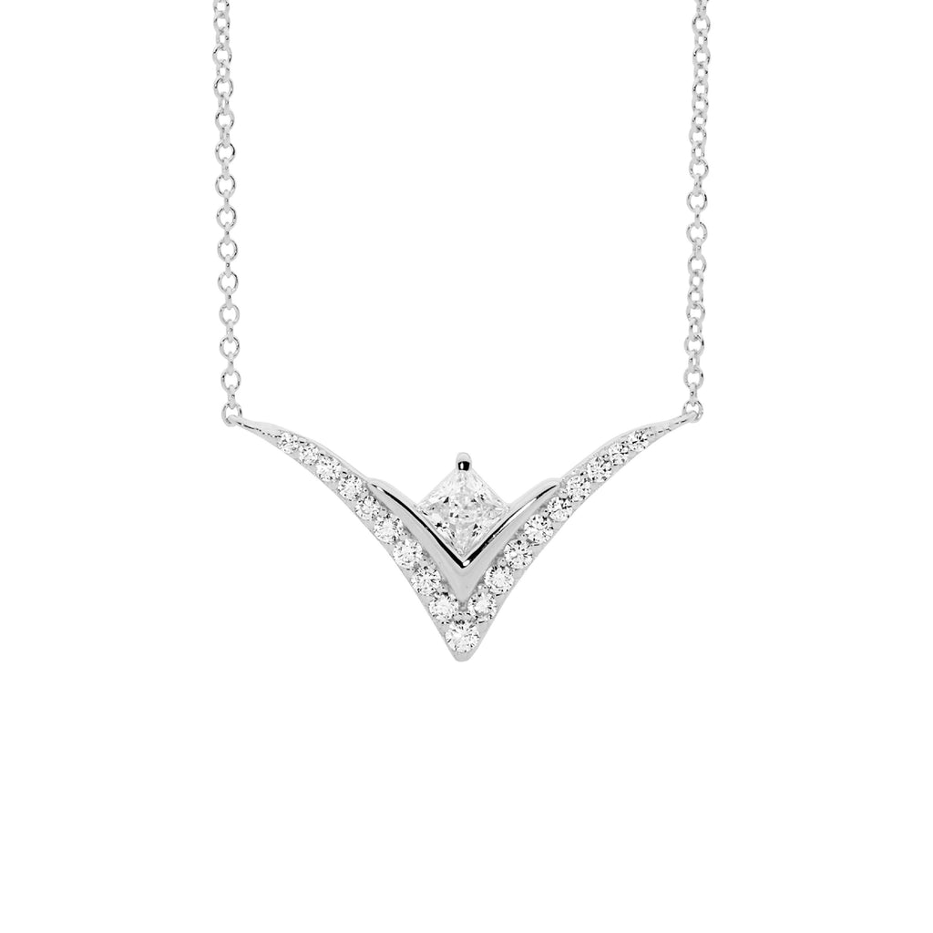 Sterling Silver White Cubic Zirconia Princesterling Silver Cut, V Pendant WithAtt. Chain   