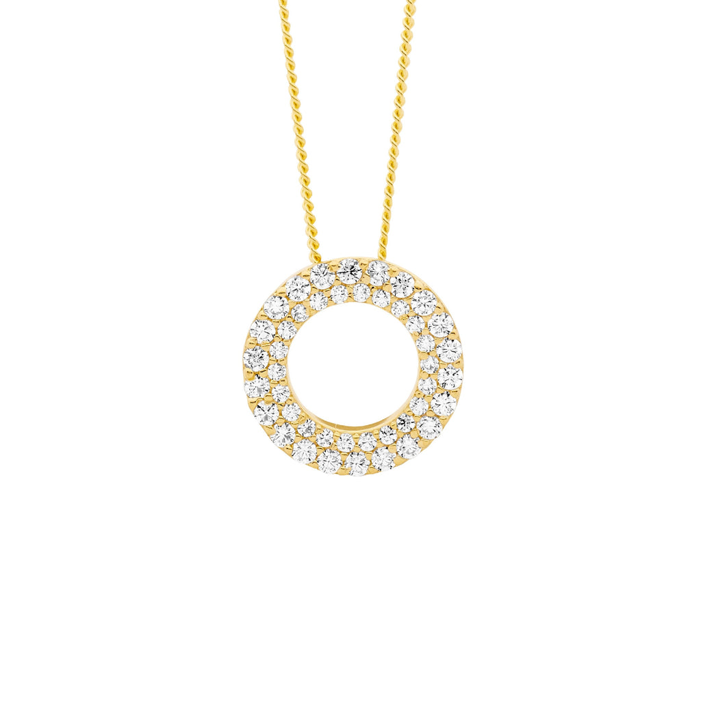 Sterling Silver White Cubic Zirconia 13mm Dbl Row Open Circle Pendant With Yellow Gold Plating   