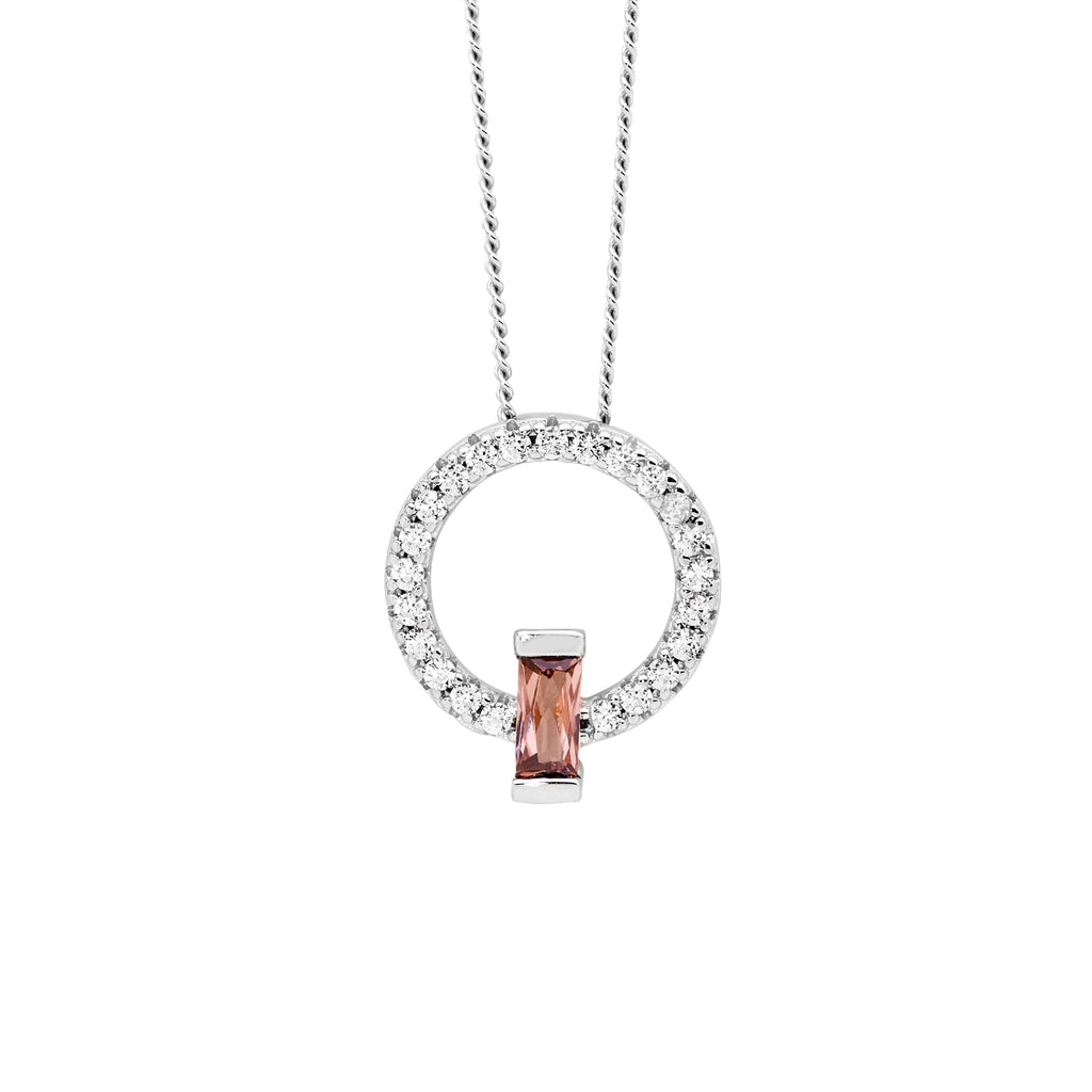 Sterling Silver White Cubic Zirconia 13mm Open Circle Pendant With Rhodolite Baguette Cubic Zirconia   